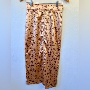 Zara Women’s Metallic Satin Floral Midi Skirt Back Slit Stretch XS